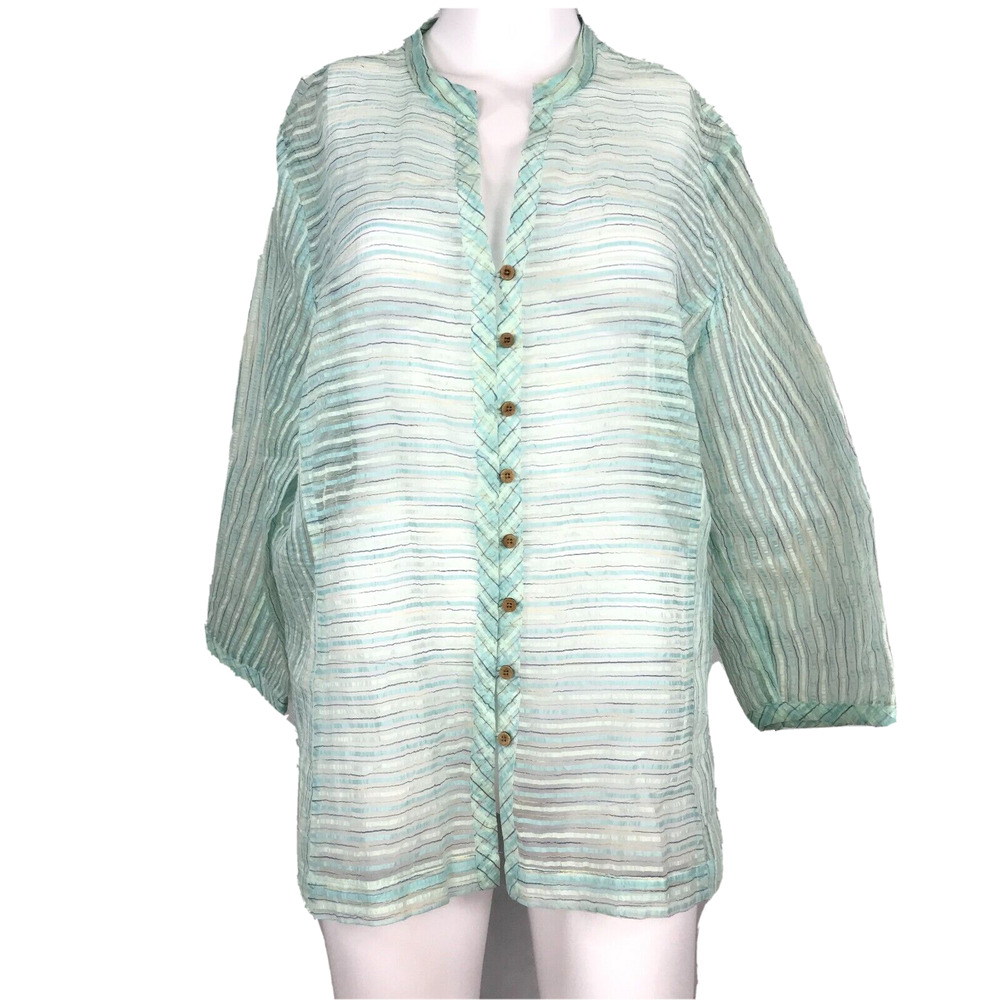 JH Collectibles Shirt Womens Sz XL Mint Green White Striped Sheer Button Down